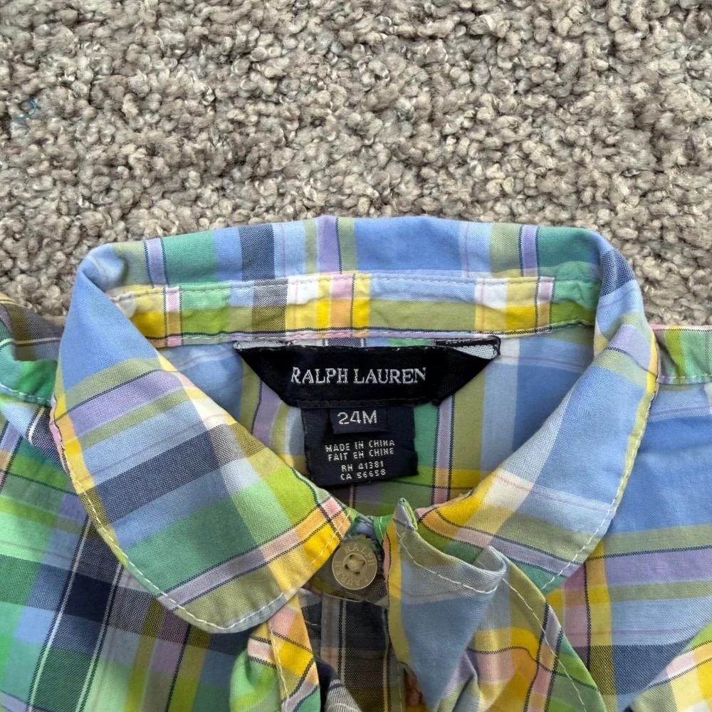 Excellent Ralph Lauren Plaid Ruffle Shirt Dress Tie Waist Pastel Girls Size 24M